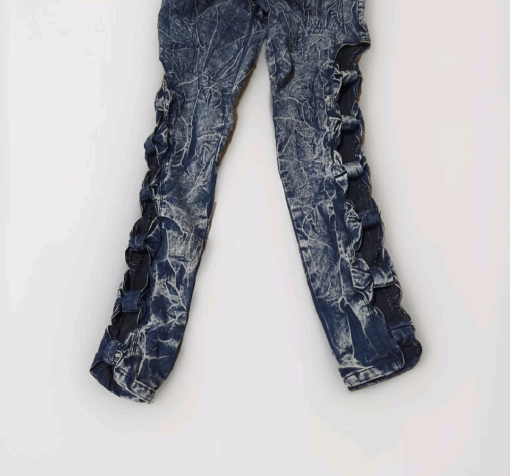 VIP NWT New York Acid Bleach Paint Splatter Jeans Denim Blue/White 5/6 Tied Legs - Picture 2 of 15